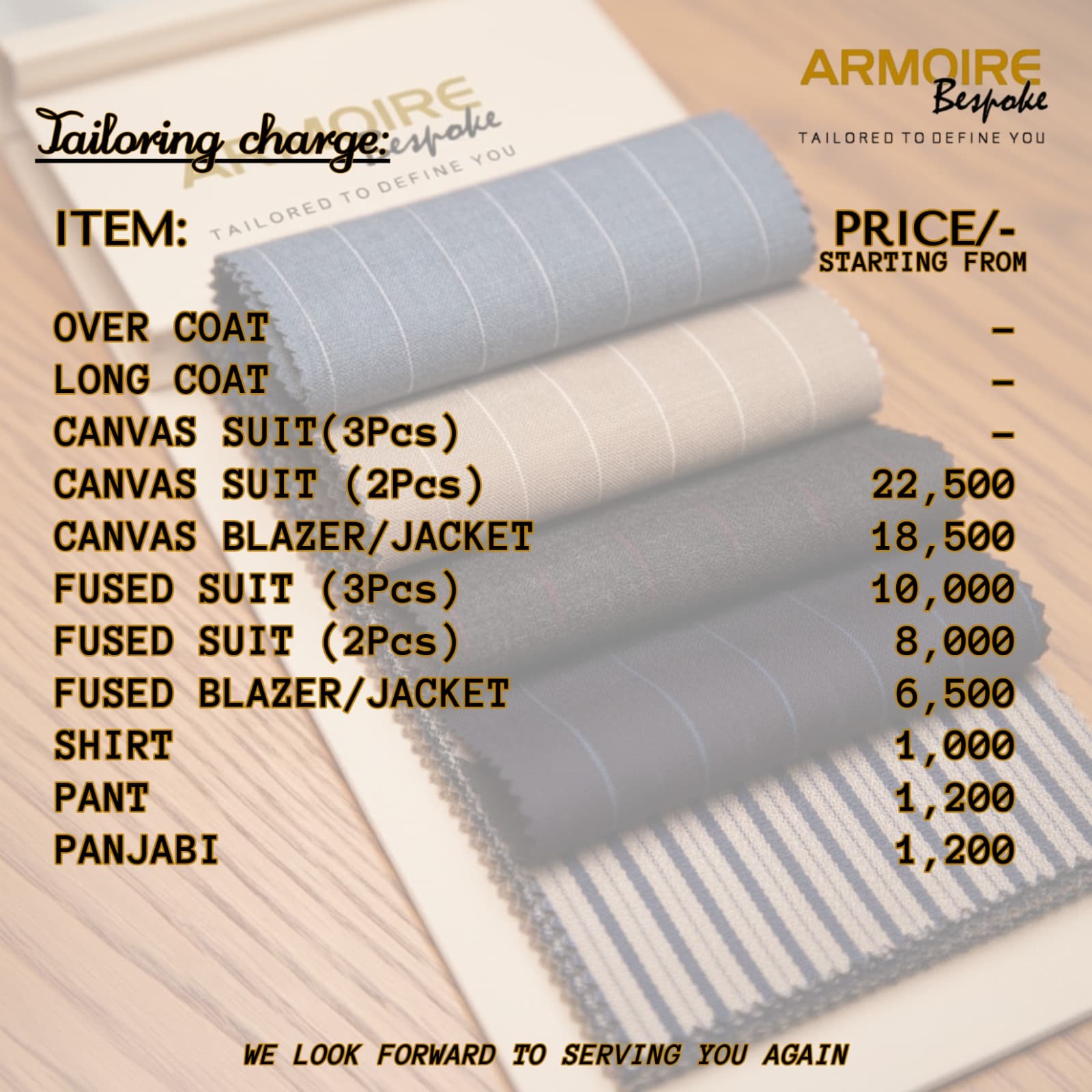 Armoire Bespoke — tailoring charges